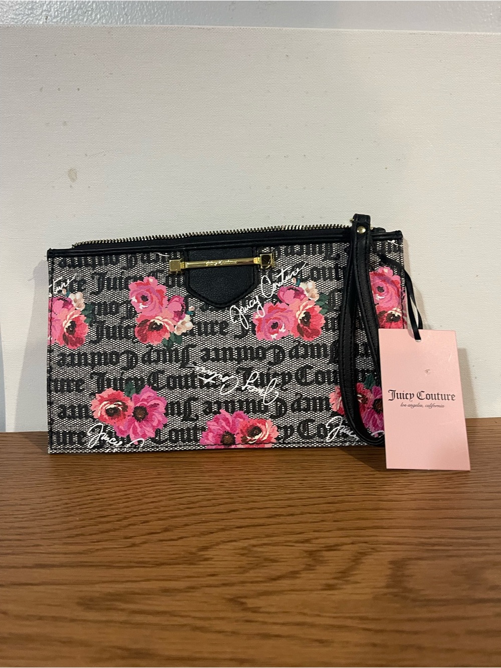 Juicy Couture Black Logo Wristlet with Pink Floral Print
